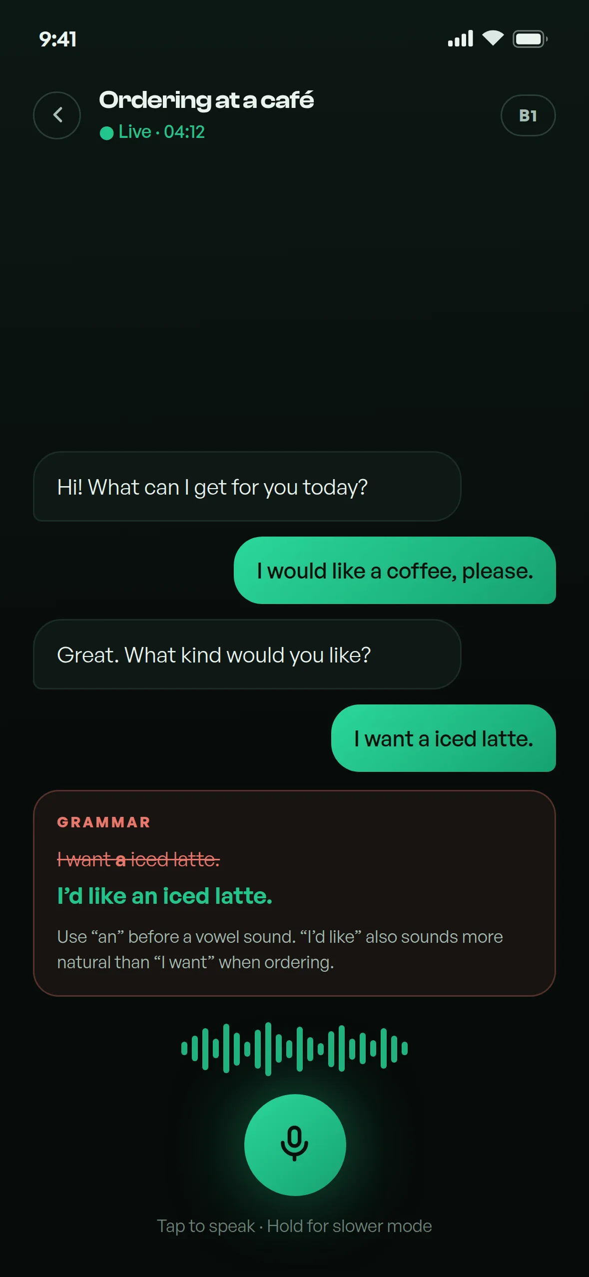 A live conversation inside Verda, with a grammar correction